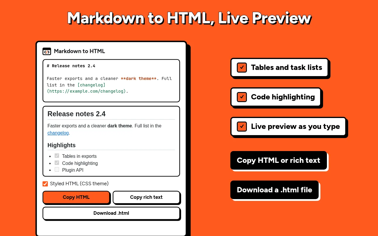 The popup: Markdown on top, the live preview below and the Copy and Download buttons