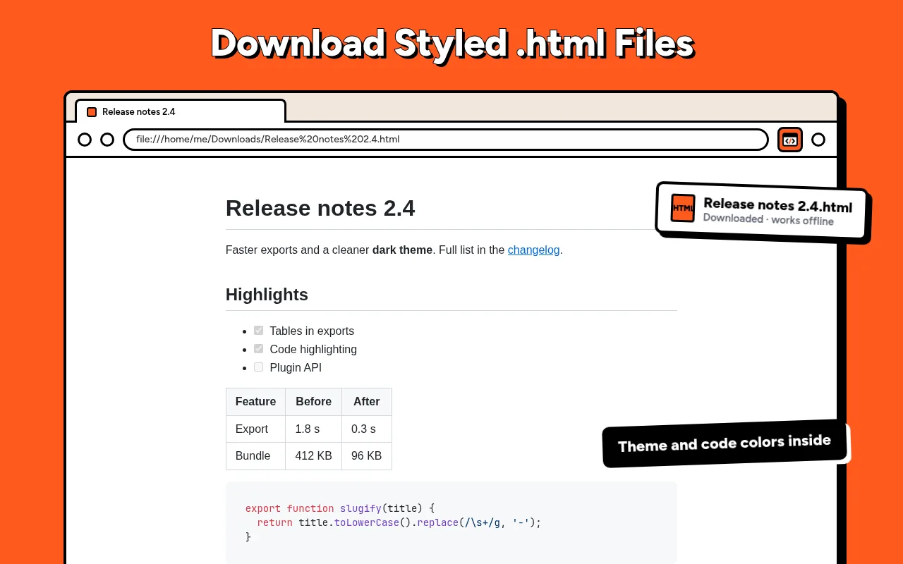 A downloaded .html file open in the browser with a theme, a table and highlighted code