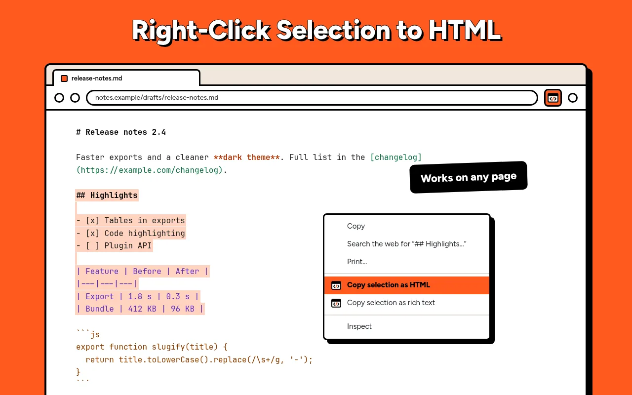 Selected Markdown on a page and the context menu with Copy selection as HTML